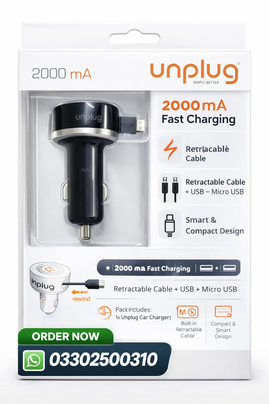 Unplug Simply Better 2000mA Car Charger – Retractable Cable + USB + Micro USB | Fast Charging (Pack of 1)
