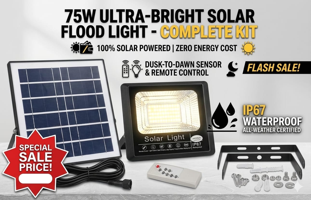 IP67 Solar Flood Light 75W Outdoor Waterproof Light with 45W Solar Panel & Remote Control