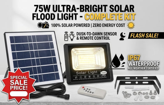 IP67 Solar Flood Light 75W Outdoor Waterproof Light with 45W Solar Panel & Remote Control