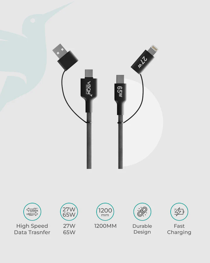 65W Fast Charging USB-A & Type-C Cable | Lightning & Type-C Data Sync Nylon Braided Cable
