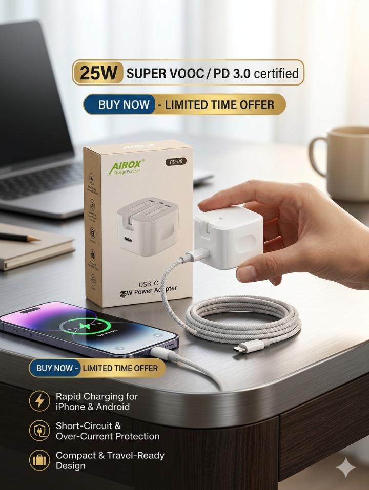 Airox 25W USB-C Fast Charger Adapter – PD 3.0 & Super VOOC Certified | Ultra Fast Charging Plug
