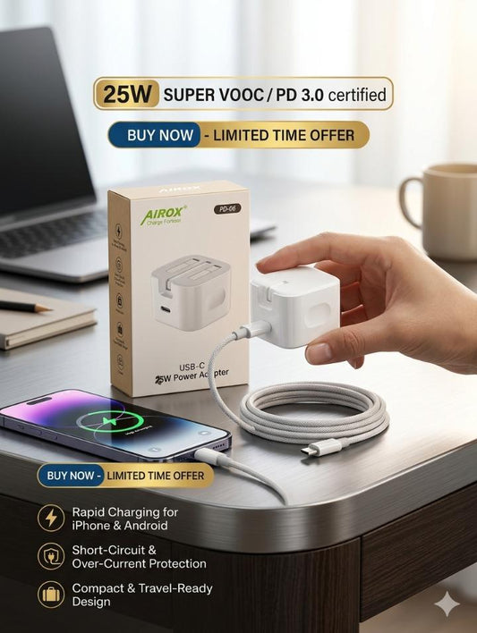 Airox 25W USB-C Fast Charger Adapter – PD 3.0 & Super VOOC Certified | Ultra Fast Charging Plug