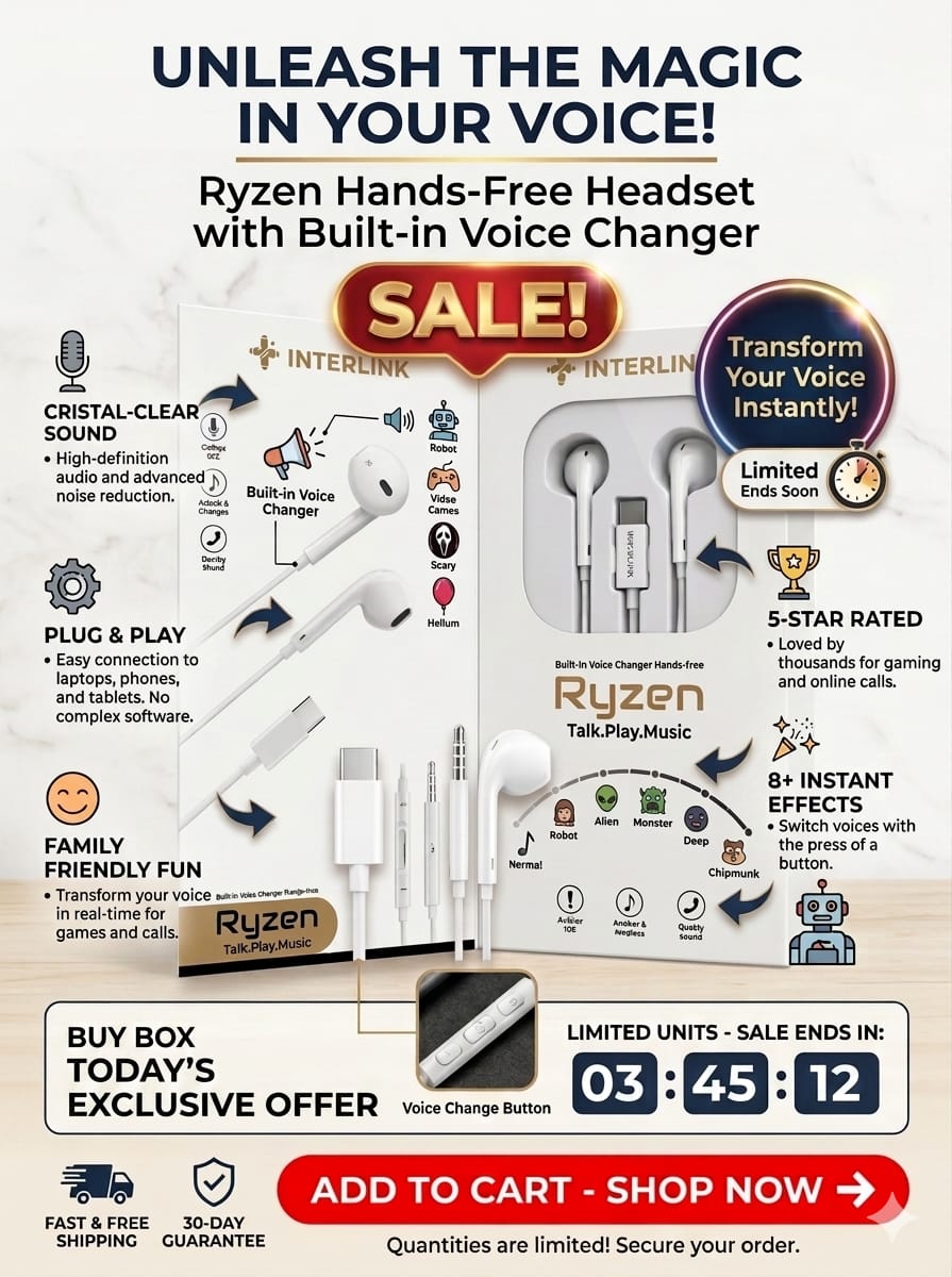 Ryzen Type-C Voice Changer Handsfree – Gaming Earphones with Girl, Boy & Robot Voice Effects, HD Sound & Mic