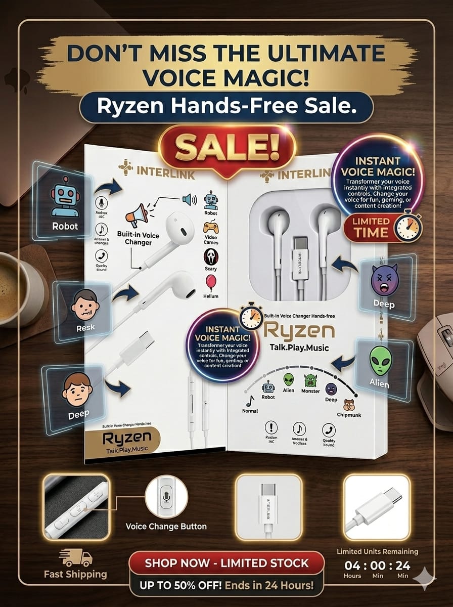 Ryzen Type-C Voice Changer Handsfree – Gaming Earphones with Girl, Boy & Robot Voice Effects, HD Sound & Mic