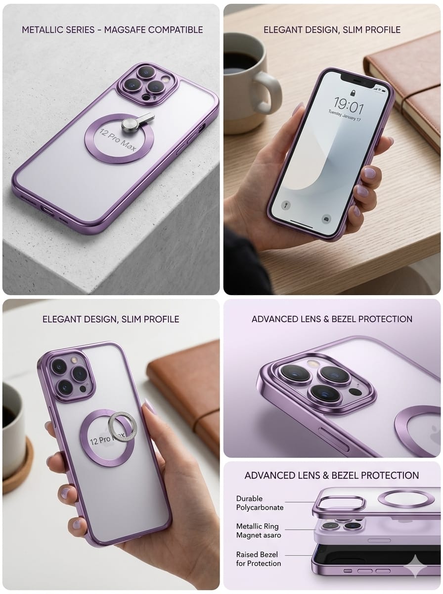 This item is a clear phone case with a purple frame and built-in ring designed to fit the Apple iPhone 12 Pro Max.
