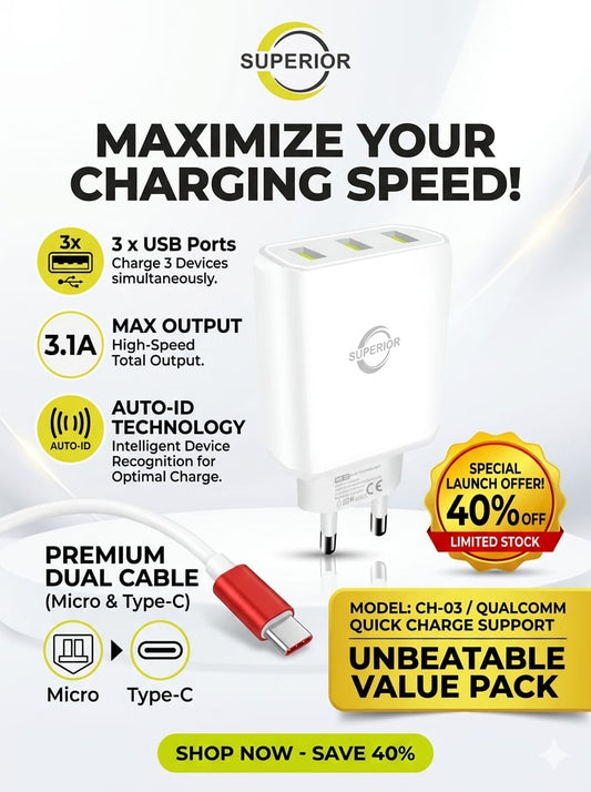 Superior 3-Port USB Charger – 3.1A Fast Charging Adapter | Built-in Type-C Cable | Multi-Port Wall Charger