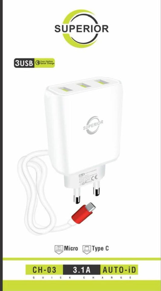 Superior 3-Port USB Charger – 3.1A Fast Charging Adapter | Built-in Type-C Cable | Multi-Port Wall Charger
