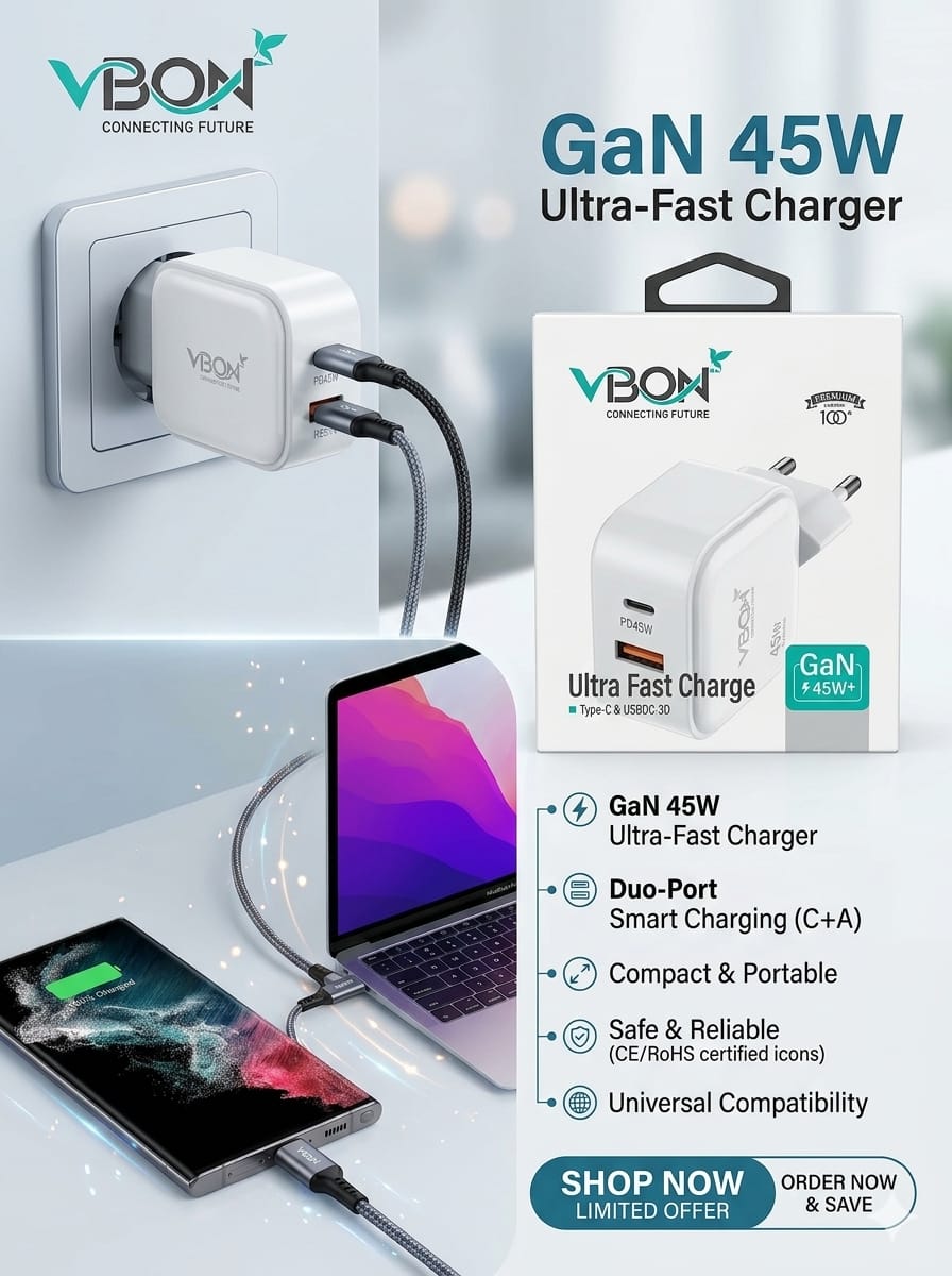 45W GaN Fast Charger PD + QC 3.0 | USB-C & USB-A Ultra Fast Charging Adapter