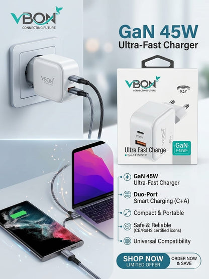 45W GaN Fast Charger PD + QC 3.0 | USB-C & USB-A Ultra Fast Charging Adapter