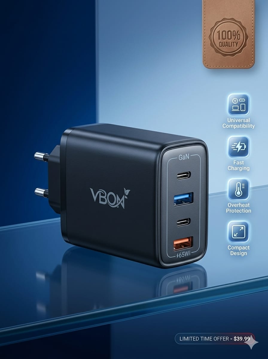 45W GaN Fast Charger PD + QC 3.0 | USB-C & USB-A Ultra Fast Charging Adapter