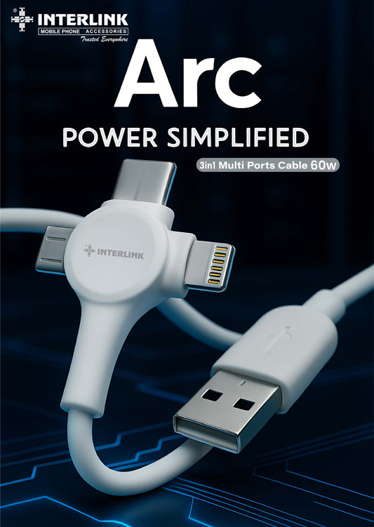 Interlink Arc 3-in-1 Fast Charging Cable – 60W PD & QC Support | Universal USB-C Cable for iPhone, Android & Laptops | Ultra-Durable Braided Design