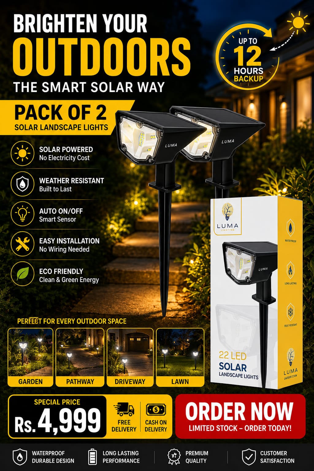 Pack of 2 Solar Landscape Lights – 22 LED Outdoor Garden Lights with 12 Hours Backup