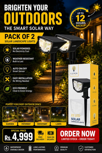Pack of 2 Solar Landscape Lights – 22 LED Outdoor Garden Lights with 12 Hours Backup