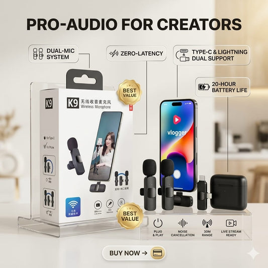 K9 Dual Wireless Microphone System – Original Type-C Plug & Play Lavalier Mic for Mobile, Vlogging, YouTube, TikTok, Interviews & Live Recording