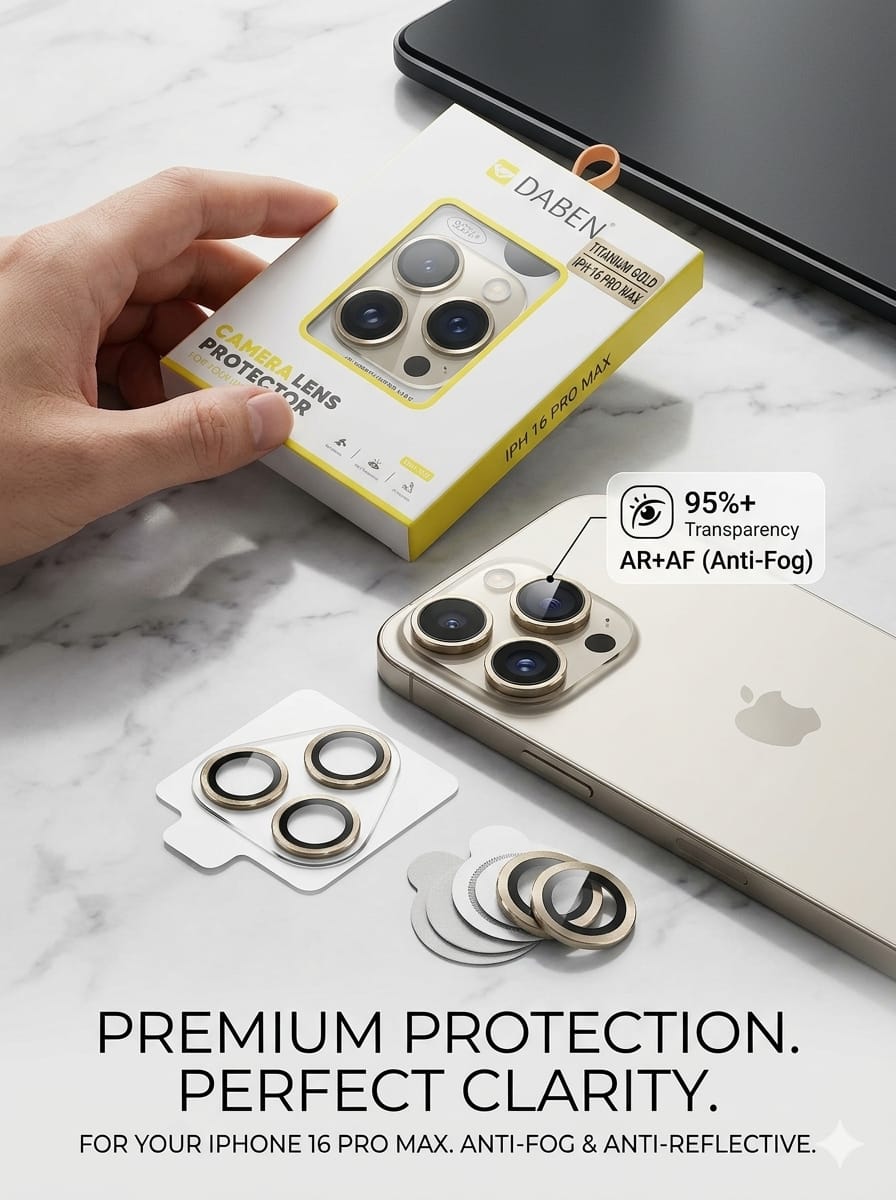 Daben Titanium Gold Camera Lens Protector for iPhone 16 Pro & 16 Pro Max – Premium HD Anti-Scratch Camera Glass Protector Ring