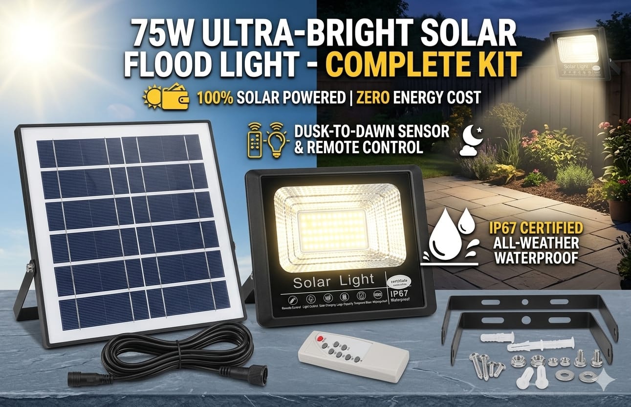 IP67 Solar Flood Light 75W Outdoor Waterproof Light with 45W Solar Panel & Remote Control