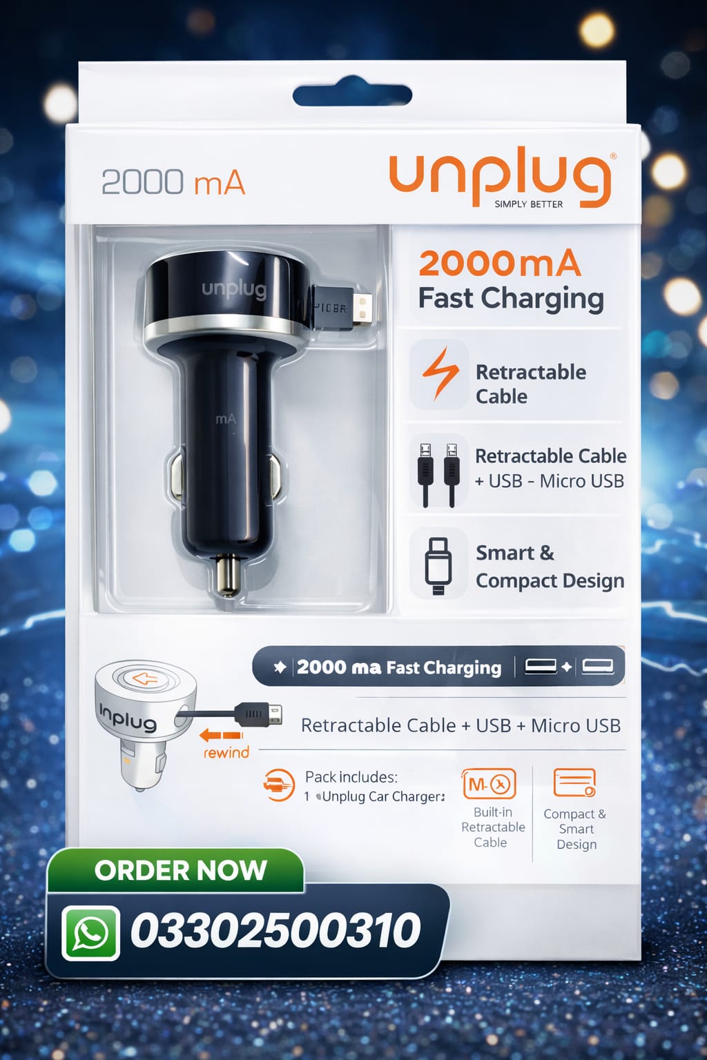 Unplug Simply Better 2000mA Car Charger – Retractable Cable + USB + Micro USB | Fast Charging (Pack of 1)