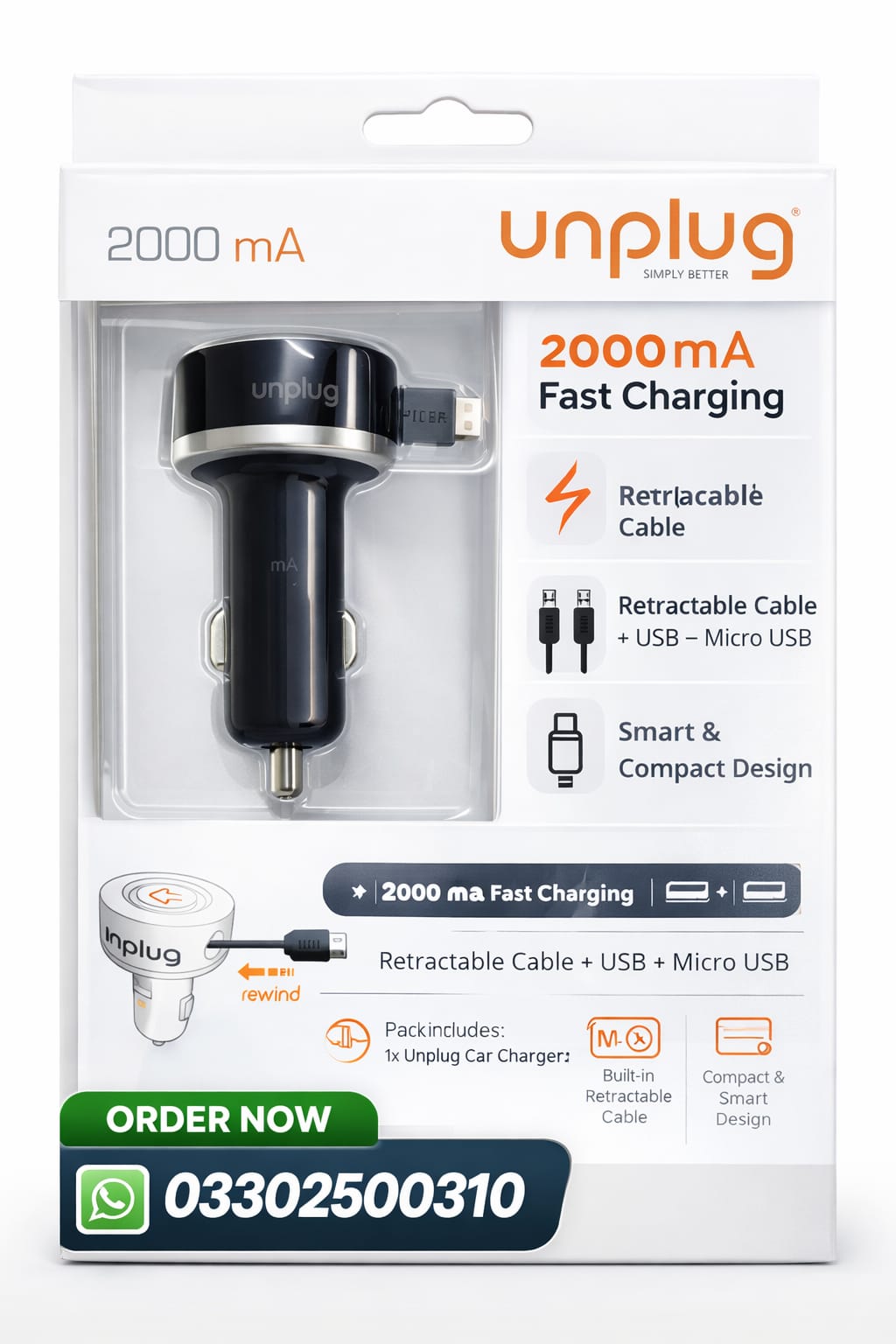 Unplug Simply Better 2000mA Car Charger – Retractable Cable + USB + Micro USB | Fast Charging (Pack of 1)