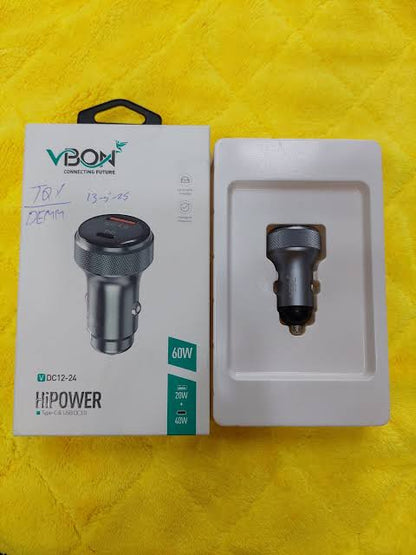 VBON 60W Ultra Fast Car Charger Type-C with Cable | Dual USB Fast Charging Adapter
