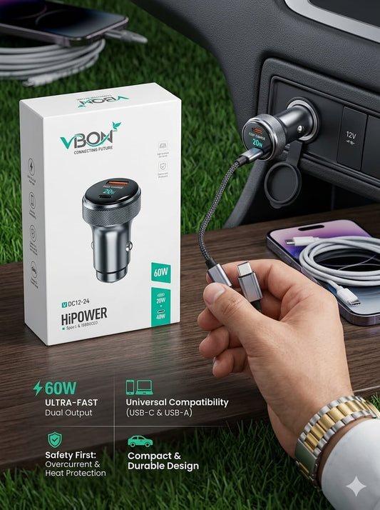VBON 60W Ultra Fast Car Charger Type-C with Cable | Dual USB Fast Charging Adapter
